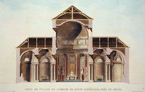比利时Binche附近的Bonne Esperance修道院教堂的横截面，出自Pierre Jacques Goetghebuer的《Choix des Monuments, Edifices et Maisons les plus remarquables du Royaume des Pays-Bas》，1827年出版（水印）。