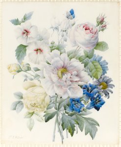 一束鲜花，包括牡丹，玫瑰，芙蓉，紫苑，龙胆和想象中的蓝蝴蝶（石墨和wc，在牛皮纸上有石墨阿拉伯语的痕迹）