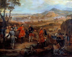 法兰德斯战役（1745-1747）：“1744 年 10 月 11 日在布里斯高围攻弗里堡””路易十五指挥军事行动。 Pierre Nicolas Lenfant (1704-1787) 的画作，18 世纪太阳。 2,75x2,5 m