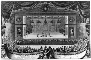 第三天：Le Malade imaginaire（莫里哀创作），1676 年在石窟前凡尔赛花园展出的喜剧，皮埃尔·勒波特（Pierre Lepautre，1660-1744 年）版画