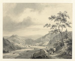 山坡上的风景，猎人牵着狗在移动 作者 皮埃尔·路易斯·杜布克