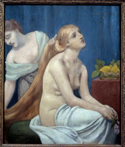 女人有她的厕所或厕所。 一位留着金色长发的裸体女人被女仆造型。 画作 Pierre Puvis de Chavannes (1824-1898) 1883 年 0,75x0,63 m 巴黎，奥赛博物馆