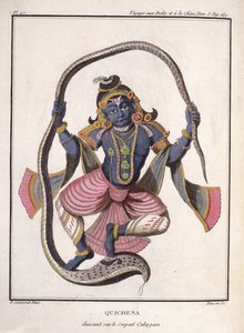 Krishna在Kaliya Snake上跳舞，由皮埃尔·索内拉特（Pierre Sonnerat）创作的“印度与中国之旅”，由泊松雕刻，于1782年出版