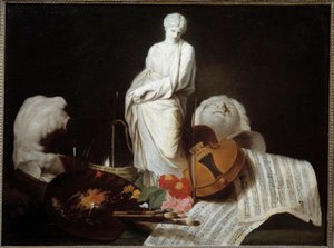 画家，小提琴，分数，雕塑的艺术调色板的属性。 Pierre Subleyras绘画 作者 皮埃尔·苏伯莱拉斯