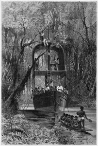 A flooring boat, borrowed by the explorer, to descend the upper Samiria (Peru). Engraving by Vignal, to illustrate the story “Amazon and Cordilleres””