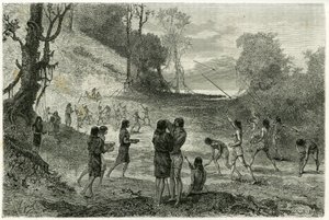 Zaparros 的 2 个部落之间的标枪比赛，男人练习，女人无所畏惧地骑在球员周围，并为他们提供饮料。 Vignal 雕刻，以说明“亚马逊和科迪勒斯”的故事