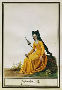 法国女农民纺纱，皮埃尔-安托万-勒布-德-拉梅桑格尔（1761-1831）的作品，水彩。 作者 皮埃尔·德拉·迈桑格