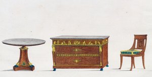 桃花心木桌、抽屉柜和椅子，板块241，插图来自《家具和品味物品集》。 作者 皮埃尔·德拉·迈桑格