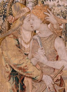 佛兰德挂毯系列 Vertumnus 和 Pomona。Vertumnus亲吻 Pomona。系列挂毯中的第七幅。Pieter Coecke van Aelst 的模型圈。布鲁塞尔 Wilhelm Pannemaker 制造。约 1545-1550 年。织物 金、银、丝和羊毛。尺寸 430 x 365 厘米。