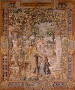 佛兰德挂毯系列 Vertumnus 和 Pomona。Vertumnus亲吻 Pomona。系列挂毯中的第七幅。Pieter Coecke van Aelst 的模型圈。布鲁塞尔 Wilhelm Pannemaker 制造。约 1545-1550 年。织物 金、银、丝和羊毛。尺寸 430 x 365 厘米。