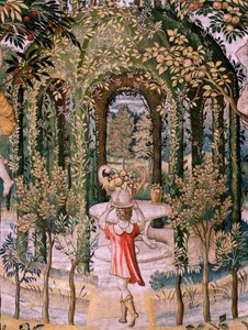 佛兰德挂毯。系列 Vertumnus 和 Pomona；Vertumnus 变身园丁（Vertumno transformado en jardinero）。该系列的第五块挂毯。Pieter Coecke Van Aelst 和 Léonard Thiry 的模型圈。制作地点 布鲁塞尔，未知工作室，制作前