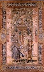 佛兰德挂毯系列 Vertumnus 和 Pomona。变成战士的 Vertumnus。该系列的第四块挂毯。Pieter Coecke van Aelst 的模型圈。布鲁塞尔 Wilhelm Pannemaker 制造。约 1545-1550 年。织物 金、银、丝和羊毛。尺寸 425