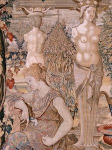 佛兰德挂毯系列 Vertumnus 和 Pomona。化身为老妇人的 Vertumnus。变成老妇人的 Vertumnus。系列挂毯中的第六块。Pieter Coecke van Aelst 的模型圈。Wilhelm Pannemaker 制造，布鲁塞尔。约 1545-1550 年。