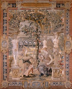 佛兰德挂毯系列 Vertumnus 和 Pomona。化身为老妇人的 Vertumnus。变成老妇人的 Vertumnus。系列挂毯中的第六块。Pieter Coecke van Aelst 的模型圈。Wilhelm Pannemaker 制造，布鲁塞尔。Ca1545-1550.F