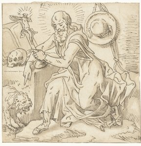 圣杰罗姆坐在十字架、书籍和头骨旁 作者 Pieter Aertsen (车间)