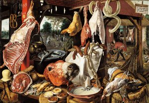 飞往埃及的屠夫摊位 作者 彼得·埃森（Pieter Aertsen）