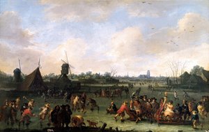 溜冰者。 彼得·布特 (1658-1702) 的绘画。 木头上的油
