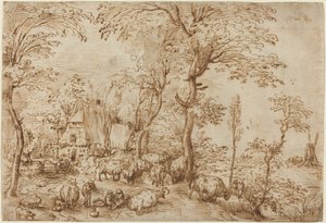 农舍附近的农民和牛群 作者 彼得·布鲁格（Pieter Bruegel）