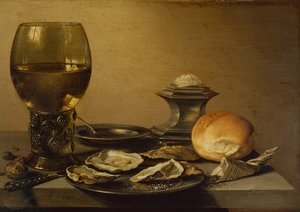牡蛎、盐面包和坚果的早餐静物（油）。 作者 彼得·克拉斯