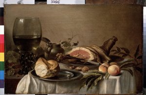 "火腿早餐"（Nature morte de petit dejeuner avec jambon, pain, peches et noix），彼得-克莱斯（Pieter Claesz，约 1597-1660 年）创作，1647 年 尺寸：40x61 厘米 圣彼得堡，冬宫博物馆 作者 彼得·克拉斯