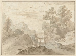 山景与窄桥上的两个人物 作者 Pieter Dircksz van Santvoort（可能）