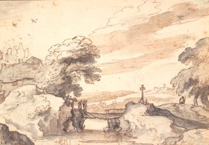 溪上古桥的风景 作者 Pieter Dircksz van Santvoort