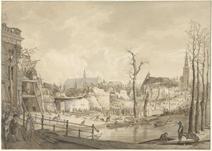 1807 年 1 月 12 日莱顿火药灾难后 Steenschuur 北侧的废墟