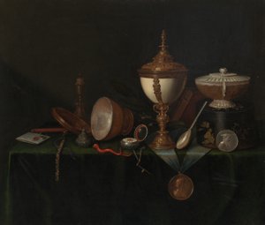 静物与鸵鸟蛋杯和惠特菲尔德传家宝，约1670年。 作者 Pieter Gerritsz van Roestraeten