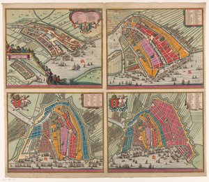1400 年至 1612 年的四幅阿姆斯特丹地图
被围起来的阿姆斯特丹（......）（标题见实物）
阿姆斯特丹第二次扩大，1482 年第一次用石墙围起来（......）（标题见实物）
阿姆斯特丹第四次 作者 彼得·亨德里克斯。碎片