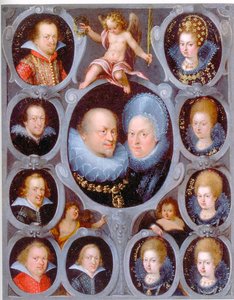 腓特烈一世公爵（1557-1608 年）（1593-1608 年）和符腾堡女公爵 Sibylla 及其十个子女