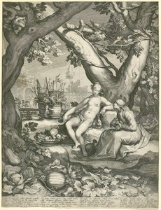 Vertumnus借用一位老妇人的形象来赢得Pomonas Love，1605（在纸上雕刻）