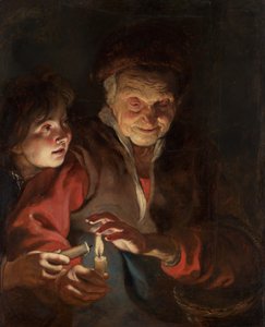 拿着蜡烛的老妇人和男孩，约1616-1617。