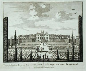 圣安南岛的房子和花园，出自《Admirandorum Quadruplex Spectaculum》，作者Jan van Call（1656-1703），1715年前出版（雕刻）。