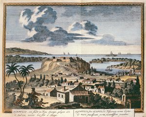 阿卡普尔科的视图，来自&39;Hectomopolis&39;的插图，于1700年在阿姆斯特丹出版
