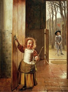 带有&39;高尔夫球棒&39;的门口的孩子，c.1658-60 作者 彼得·霍克（Pieter de Hooch）
