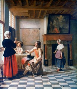 内部，与两个男人和一个女仆一起喝酒的女人，c1658 作者 彼得·霍克（Pieter de Hooch）