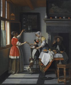 内政部与一个孩子喂鹦鹉par Hooch，彼得，德 作者 彼得·霍克（Pieter de Hooch）