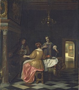 室内有一位绅士和两位女士交谈，c.1668-70（布面油画） 作者 彼得·霍克（Pieter de Hooch）