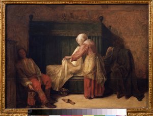 "Le lever du jeune homme"（《年轻人的早晨》）一个年轻人正准备起床，女仆正在整理床铺。地板上放着一只拖鞋和一个便壶。画家：彼得-德-胡赫（1629-1684 年），1655-1657 年 莫斯科普希金博物馆 作者 彼得·霍克（Pieter de Hooch）