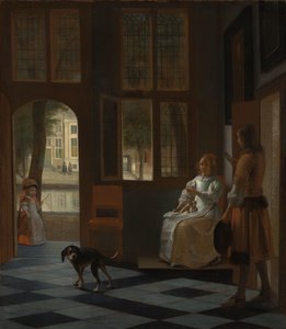 男子在房屋入口大厅将一封信交给一名女子 作者 彼得·霍克（Pieter de Hooch）