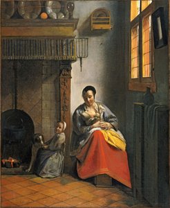 哺育婴儿的妇女，带着一个孩子和一只狗 作者 彼得·霍克（Pieter de Hooch）