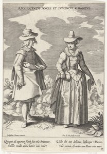 按照英国时尚打扮的情侣，约 1610 年
Adolescentis Angli et Ivvenclvae Habitvs（物品上的标题）
各国服饰（系列名称）
Variarum Gentium Ornatus（系列标题） 作者 彼得·德·乔德 (I)