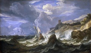岩石海岸线附近暴风雨中的沉船。布面油画，17 世纪中叶，作者年轻的彼得-穆利尔二世（或彼得-穆利尔布斯或彼得-卡瓦列雷-坦佩斯塔）（1637-1701 年）。 作者 小彼得 (1637-1701) 穆勒