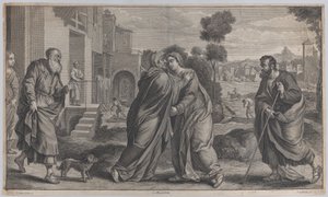 探访，圣伊丽莎白拥抱中间的圣母，圣约瑟夫走到......，约1656-60年 作者 彼得·范·利塞贝滕