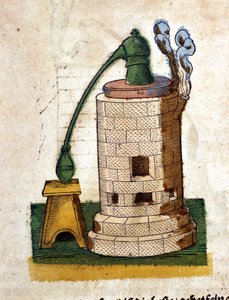 炼金术：蒸馏装置。 Pietro Andrea Mattioli (Matthiole) (1500-1577) 的一本书雕刻。 法兰克福