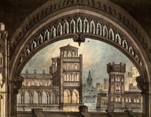 文森佐·贝里尼 (Vincenzo Bellini) 在都灵 Carignano 剧院为“La Straniera”设计的舞台布景（纸上笔墨和水彩） 作者 彼得罗·贝尔托亚（Pietro Bertoja）