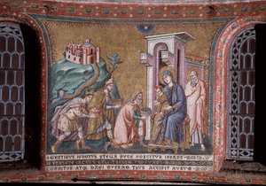 Pietro Cavallini(约1273-1330年活跃)13世纪末天顶的马赛克魔女崇拜(Adoration of the magi, mosaic from the apse by Pietro Cavallini, end of 13th century) 罗马，Trastevere的圣玛丽亚教堂 意大利