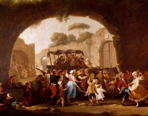 那不勒斯细节的舞蹈场景和流行派对。 塔兰泰拉舞者 (tarantella, tarantella)。 Pietro Fabris（活跃于 1763 年至 1776 年之间）的绘画，18 世纪那不勒斯，Museo Nazionale di San Martino