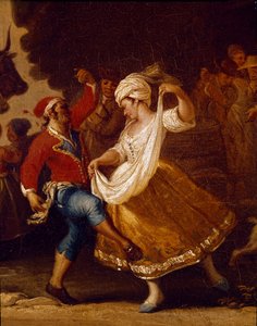 那不勒斯的舞蹈场景和流行派对 塔兰泰拉 (tarantella, tarantella) 的细节。 Pietro Fabris（活跃于 1763 年至 1776 年之间）的绘画，18 世纪那不勒斯，圣马蒂诺国家博物馆