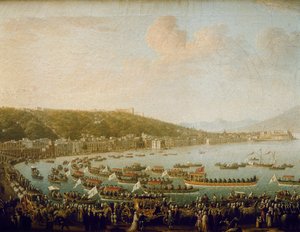 西班牙查理三世（卡洛斯三世）（1716-1788 年）离开那不勒斯湾（意大利）。皮埃特罗-法布里斯（1756-1779 年）的画作，布面油画 作者 彼得罗·法布里斯（Pietro Fabris）